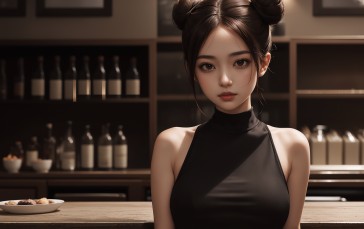 AI Art, Women, Black Dress, Digital Art, Asian, Looking at Viewer Wallpaper