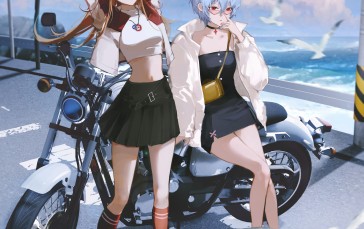 Anime, Anime Girls, Asuka Langley Soryu, Water, Ayanami Rei, Motorcycle Wallpaper