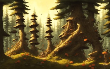 AI Art, Nature, Trees, Mushroom Wallpaper