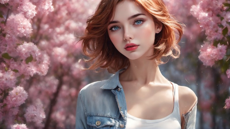 AI Art, Women, Redhead, Pink Background, Pink Flowers Wallpaper