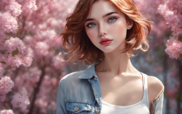 AI Art, Women, Redhead, Pink Background, Pink Flowers Wallpaper