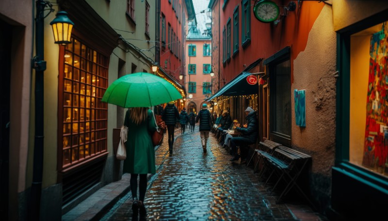 AI Art, City, Umbrella, Women, Small Alley, Stockholm Wallpaper