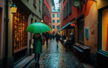 AI Art, City, Umbrella, Women, Small Alley, Stockholm Wallpaper