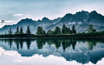Mountains, Pine Trees, Lake, Nature, Clouds Wallpaper