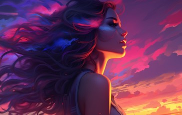 Sunset, Synthwave, Digital Art, Women Wallpaper