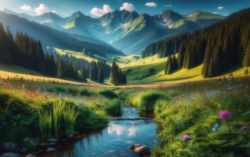 AI Art, Digital Art, Landscape, Mountains, Stream Wallpaper