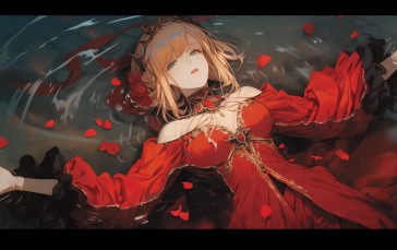 Anime, Anime Girls, Pixiv, AI Art, Lying on Back, Red Dress Wallpaper