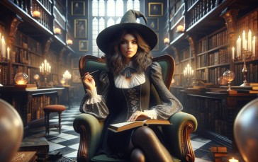 AI Art, Digital Art, Witch, Library, Wizard, Wizard’s Hat Wallpaper