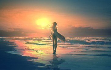 Beach, Sunset, Sky, Water, Waves Wallpaper