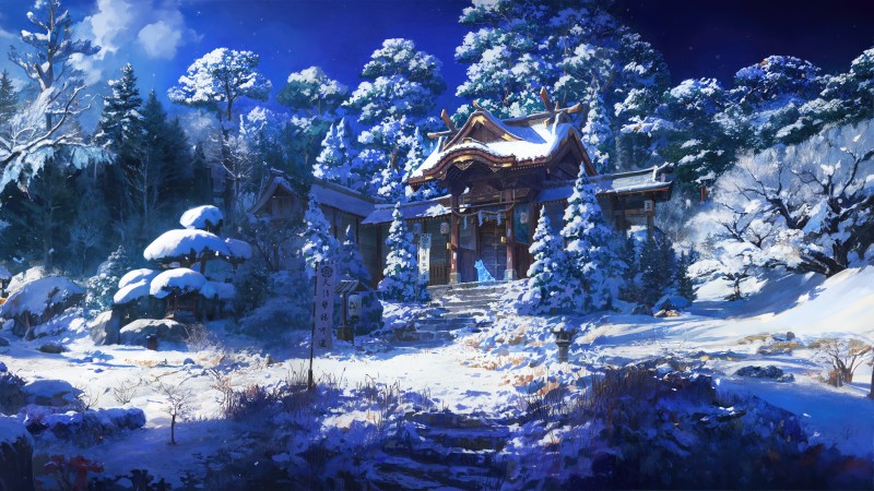 Shrine, Winter, Snow, Trees, Forest, Clouds Wallpaper