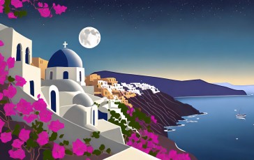 Santorini, Sea, Coast, Moon Wallpaper