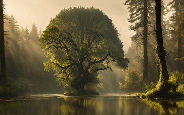 AI Art, Forest, Water, Tree Bark, Pond, Digital Art Wallpaper