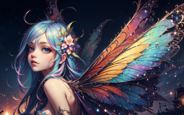 AI Art, Colorful, Wings, Blue Hair Wallpaper