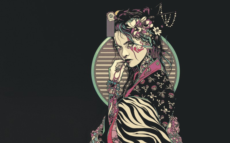 Illustration, Geisha, Flowers, Black Background Wallpaper
