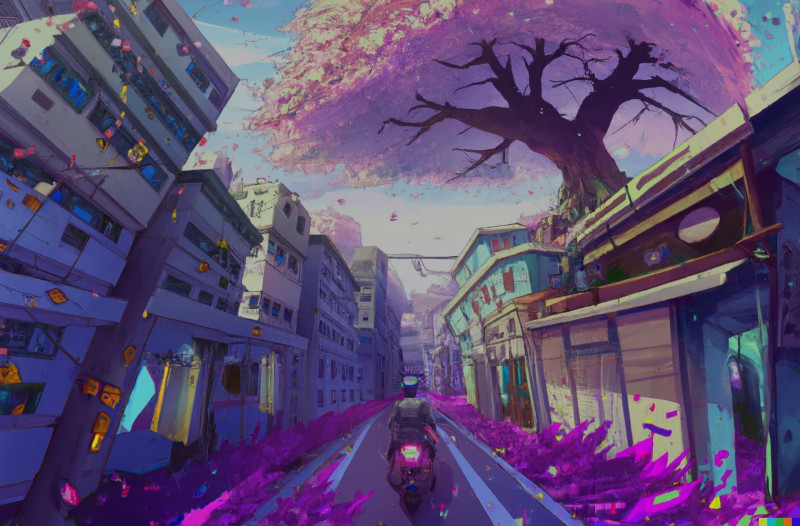 AI Art, Cherry Trees, Mopeds, Synthwave, Digital Art Wallpaper