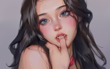 Liu Ming, Drawing, Turquoise Eyes, Biting Finger, Bare Shoulders Wallpaper