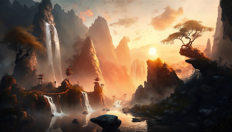 AI Art, Waterfall, Sunset, Mountains, China Wallpaper