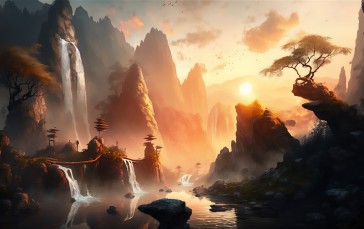 AI Art, Waterfall, Sunset, Mountains, China Wallpaper