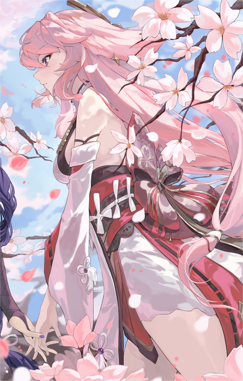 Anime, Anime Girls, Yae Miko (Genshin Impact), Genshin Impact, Flowers, Petals Wallpaper