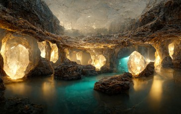 Cave, Crystal , AI Art, Water Wallpaper