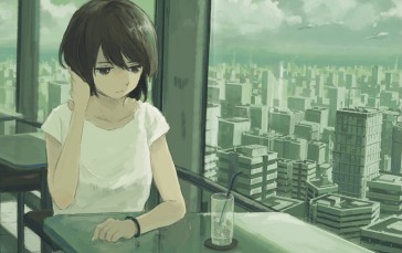 Anime Girls, Portrait Display, Sitting, Window, Sky Wallpaper
