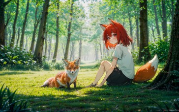 Iodoff, AI Art, Sitting, Outdoors, Anime Girls, Animals Wallpaper
