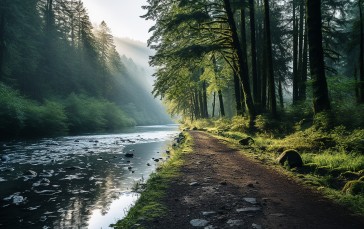 AI Art, Road, Forest, River, Water Wallpaper