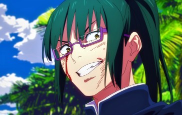Jujutsu Kaisen, Maki Zenin, Smiling, Glasses, Green Hair Wallpaper