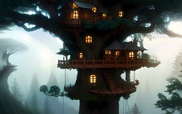 Stable Diffusion, 4K, AI Art, Tree House, Lights Wallpaper