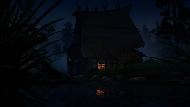 Blue Eye Samurai, Building, Night, Water, Leaves, Reflection Wallpaper