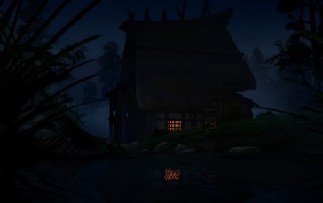 Blue Eye Samurai, Building, Night, Water, Leaves, Reflection Wallpaper