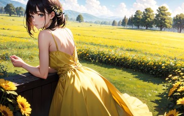 AI Art, Yellow Dress, Flowers, Field Wallpaper