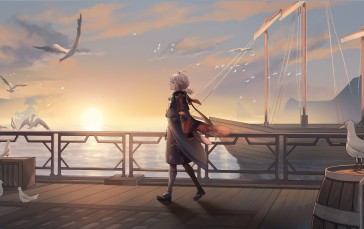 Kaedehara Kazuha(Genshin Impact), Anime Boys, Birds, Sunset Glow, Ship Wallpaper