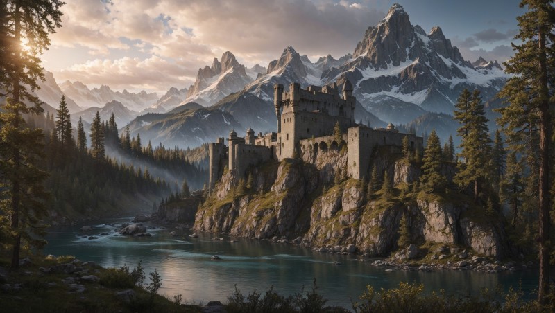 AI Art, Digital Art, Castle, The Elder Scrolls V: Skyrim, Imitation, River Wallpaper