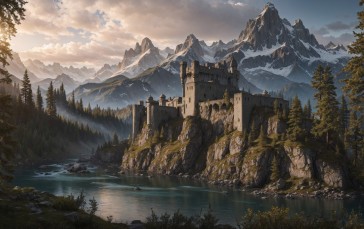 AI Art, Digital Art, Castle, The Elder Scrolls V: Skyrim, Imitation, River Wallpaper