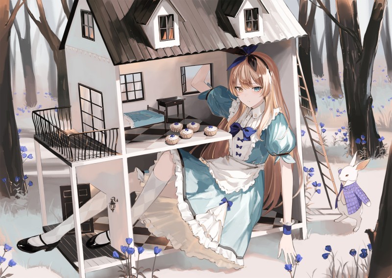 Alice in Wonderland, House, White Rabbit, Blue Dress Wallpaper