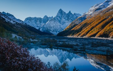 Mountains, Snowy Peak, Snow, Water, Reflection, Clear Sky Wallpaper