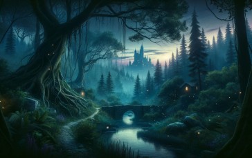 Digital Art, Landscape, Fantasy Castle, Forest, Bridge Wallpaper