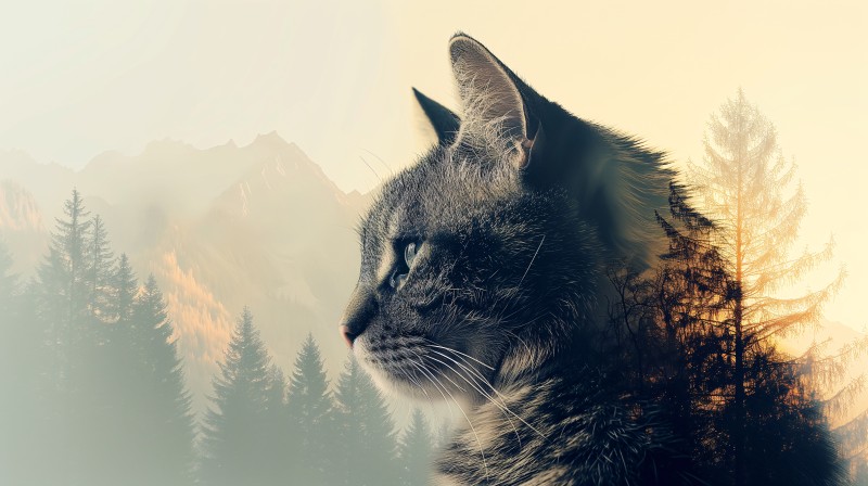AI Art, Double Exposure, Cats, Forest Wallpaper