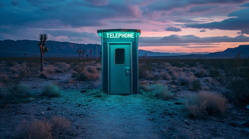 AI Art, Phone Box, Desert, Blue Hour Wallpaper