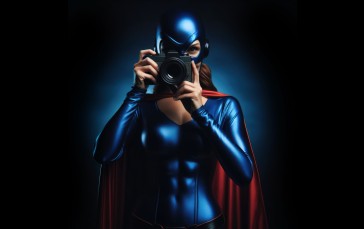 Superhero, Camera, Black Background, Blue, Red, Smiling Wallpaper