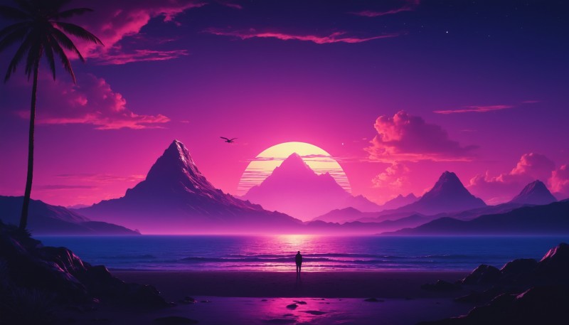 AI Art, Synthwave, Silhouette, Sunset, Colorful Wallpaper