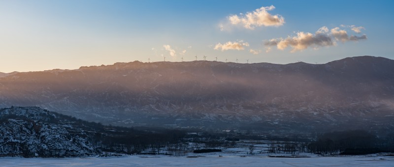 Mist, Mountains, Wind Turbine, Snow Wallpaper