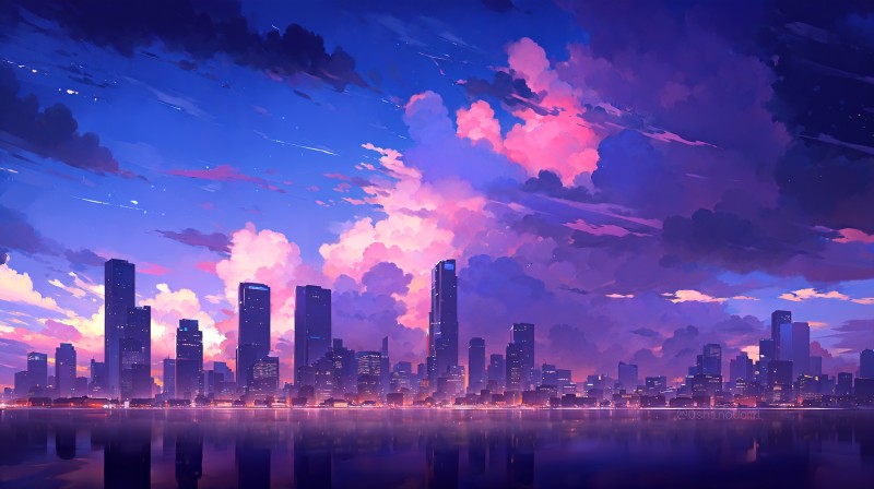 AI Art, Landscape, Night, City, Clouds, Cityscape Wallpaper