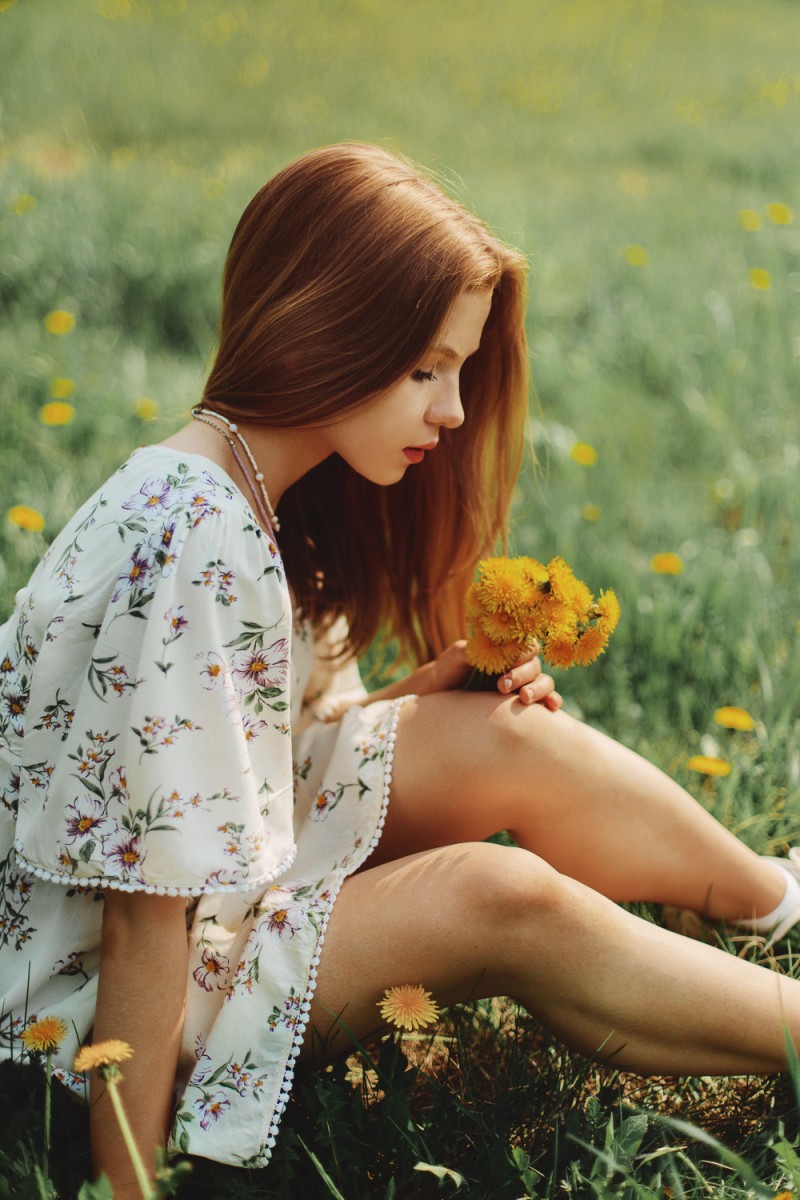 Anton Zhilin, Women, Redhead, Flowers, Field, Makeup Wallpaper