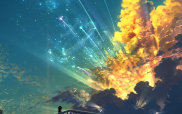 Anime Girls, Shooting Stars, Starred Sky, Black Hair, Clouds, Bridge Wallpaper