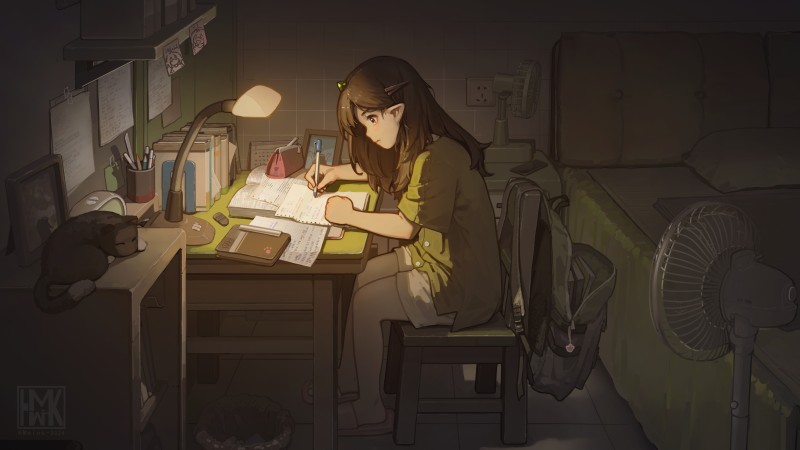 Anime, Anime Girls, Hua Ming Wink, Bedroom, Desk, Desk Lamp Wallpaper