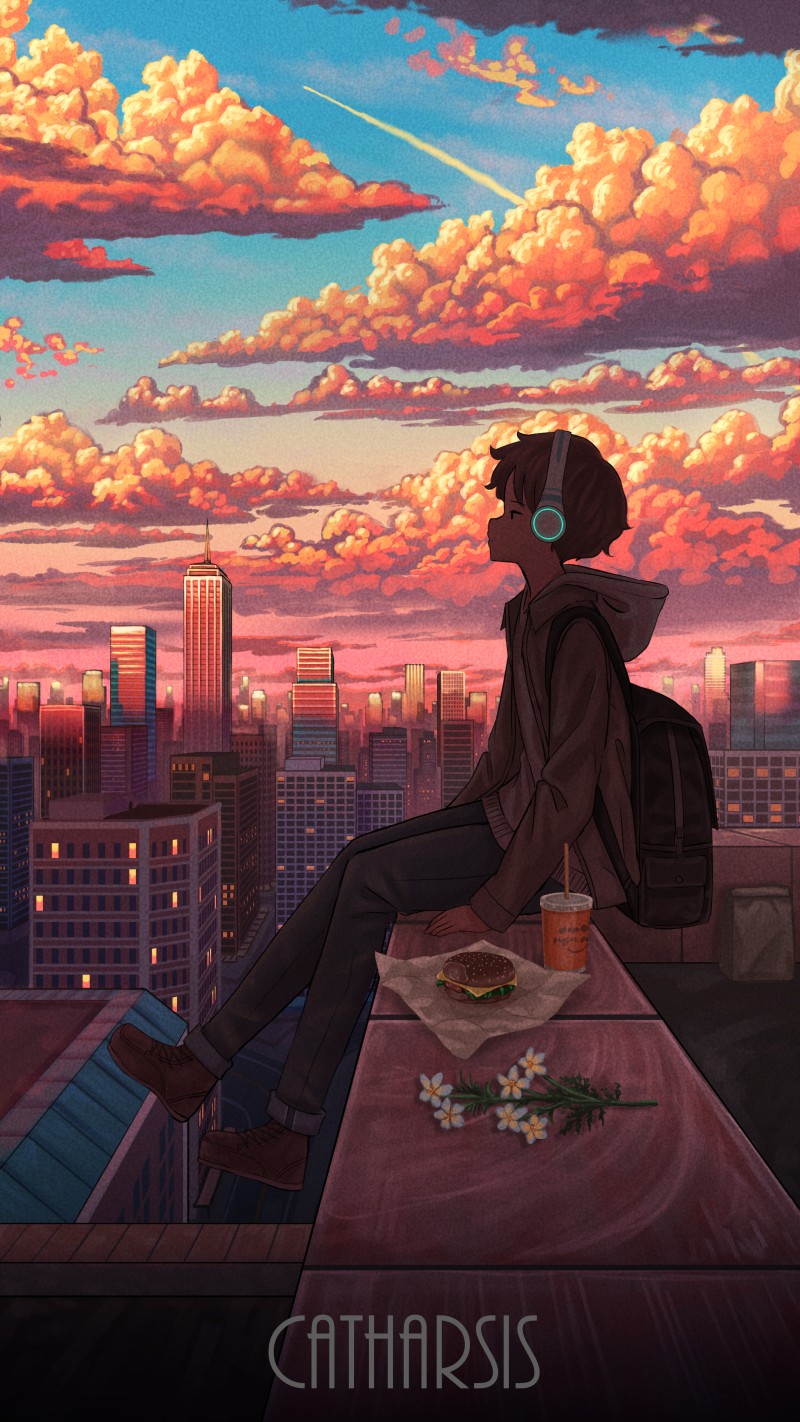 Anime Boys, Cityscape, Sunset, Long Sleeves, Headphones, Sitting Wallpaper