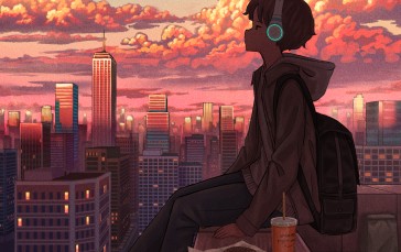 Anime Boys, Cityscape, Sunset, Long Sleeves, Headphones, Sitting Wallpaper