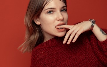 Aleksandrs Fjodorovs, Women, Brunette, Red Clothing, Sweater, Braces Wallpaper